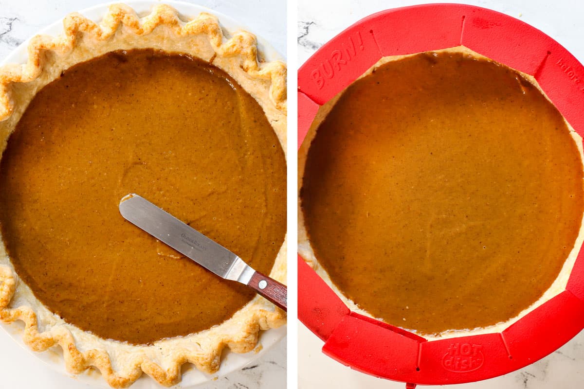 showing how to make pumpkin pie by adding the pumpkin filling to a pie crust, then covering with a pie shield to bake