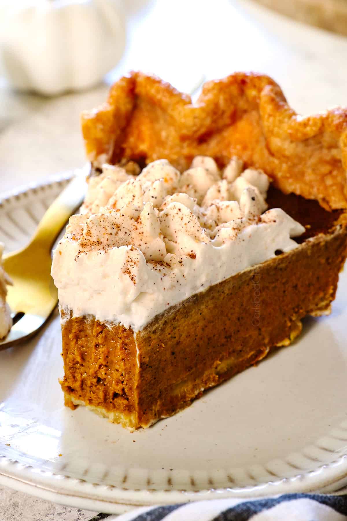 a slice of pumpkin pie recipe showing how creamy it is