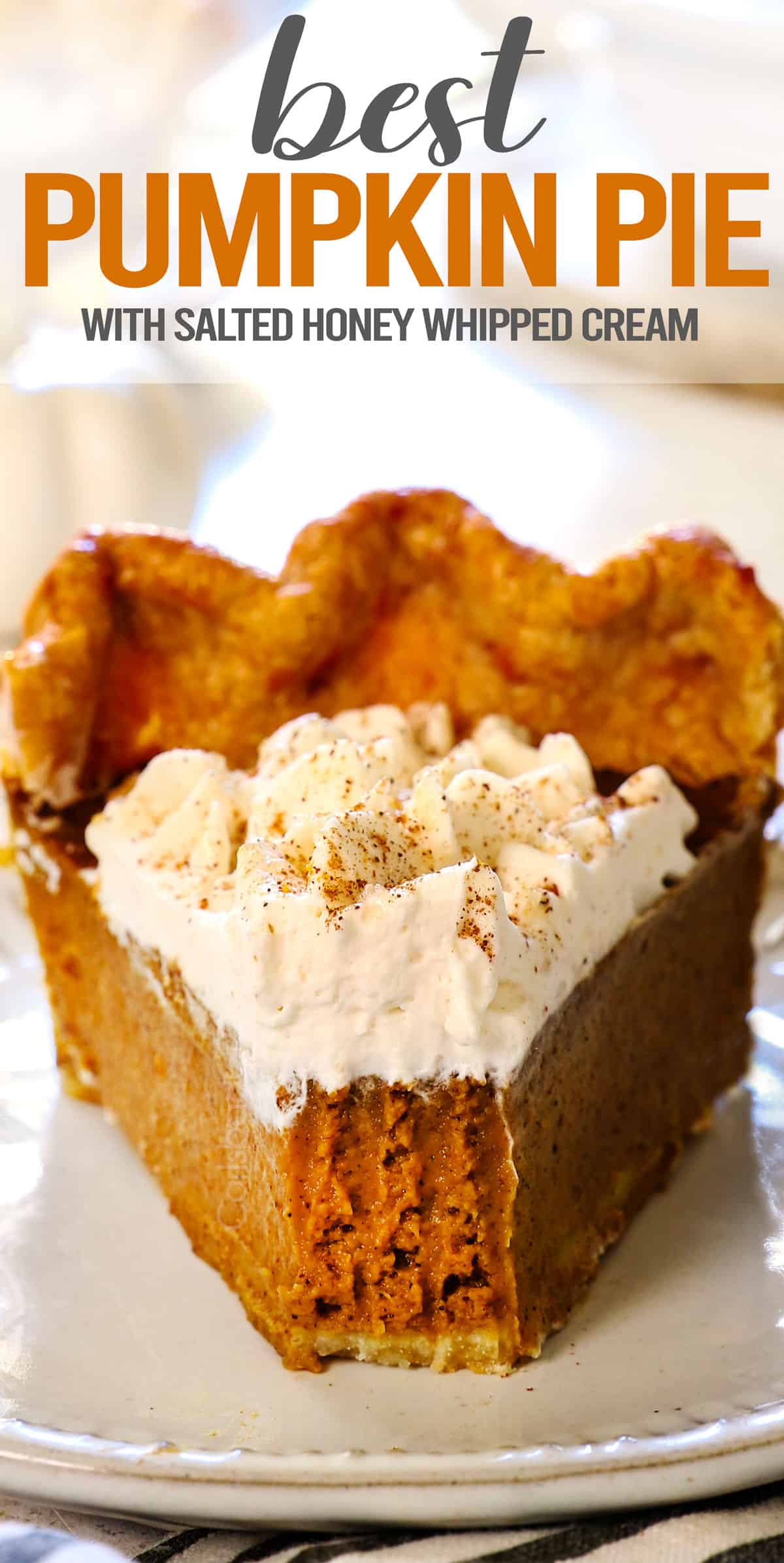 a slice of best pumpkin pie with a bite taken out showing how creamy it is