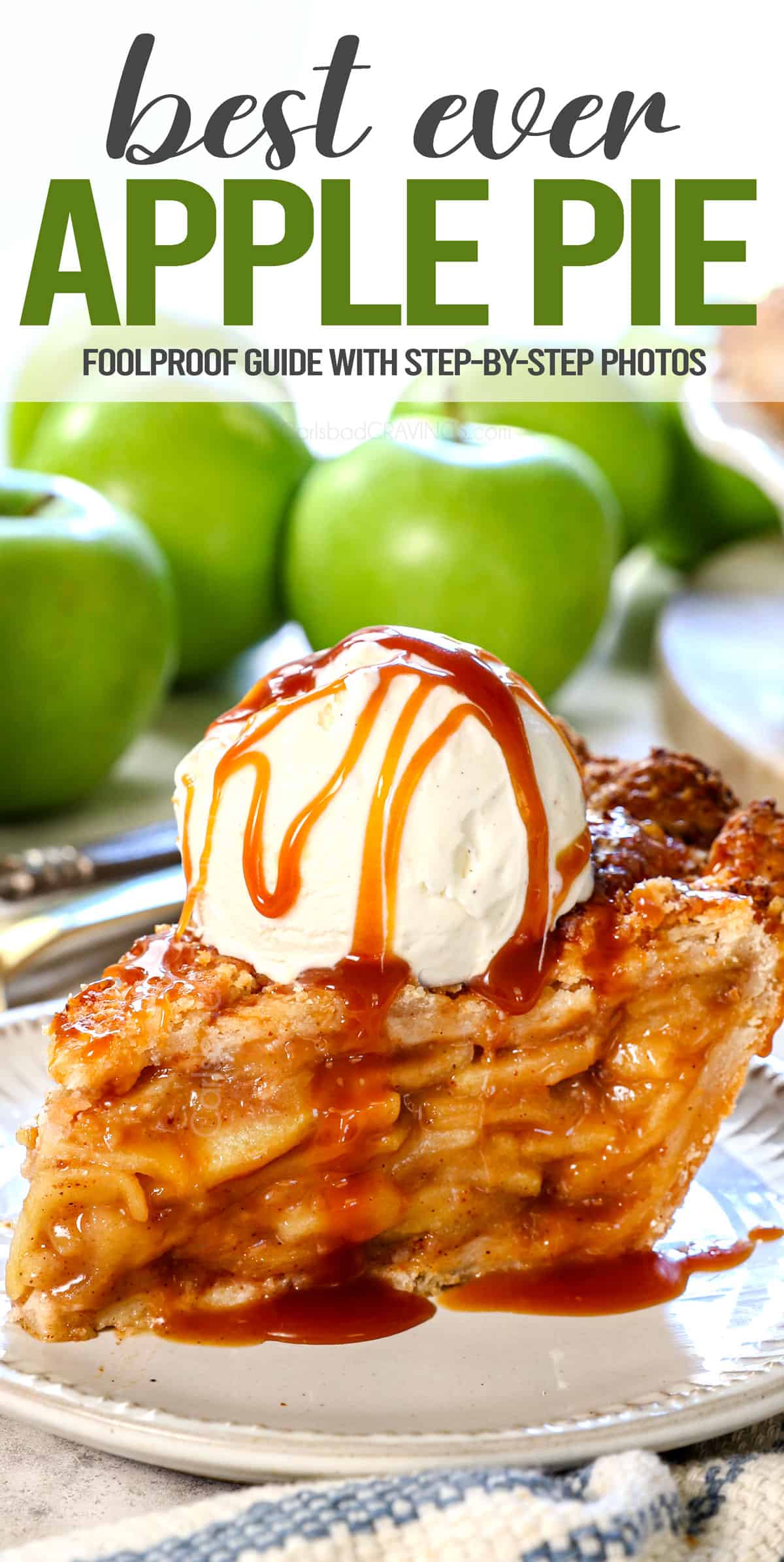 showing how to serve a slice of apple pie recipe topped with vanilla ice cream and caramel sauce