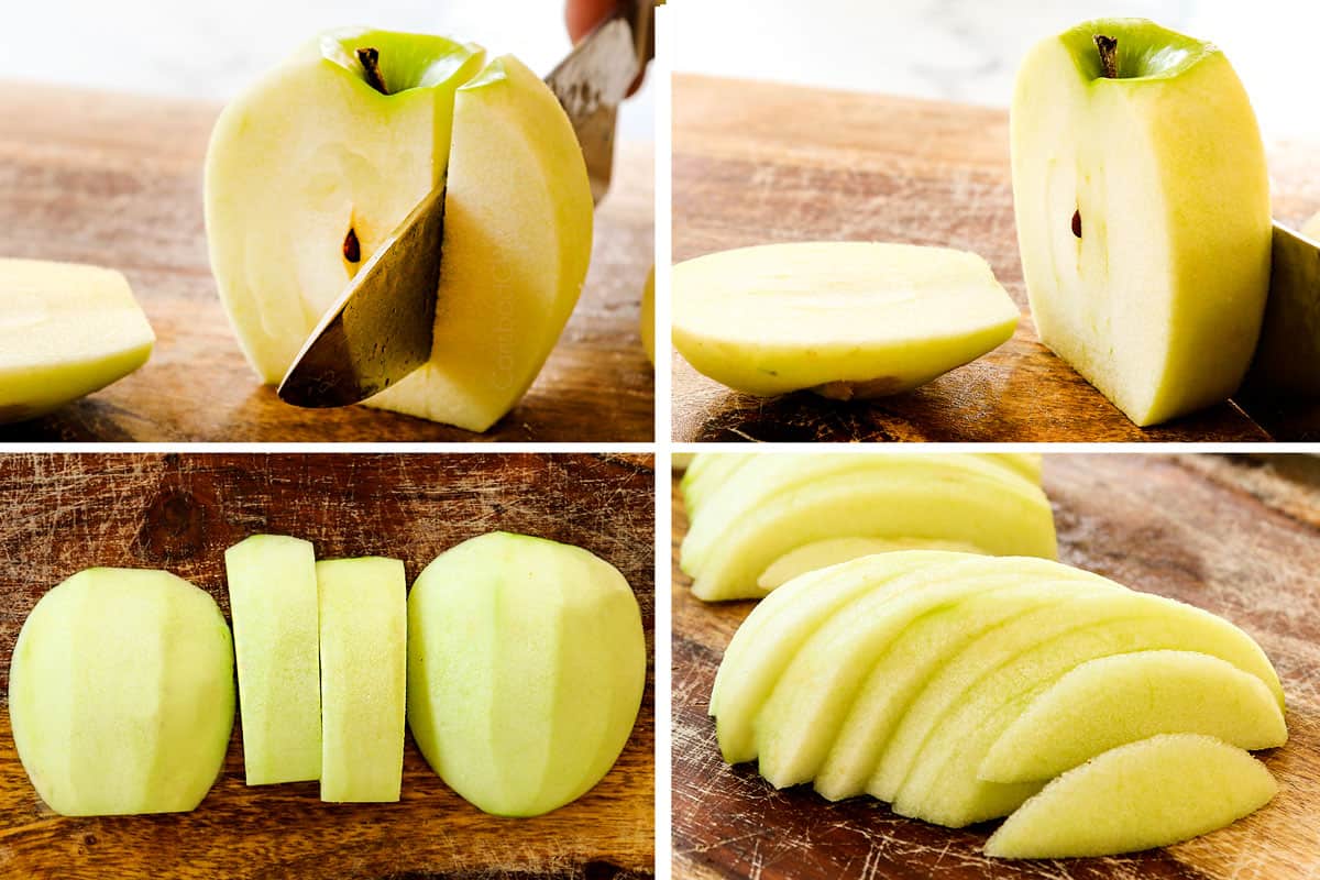 showing how to make apple pie by slicing the apples into slices