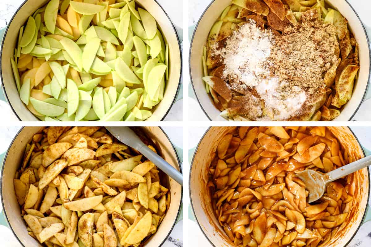 showing how to make apple pie recipe by cooking the sliced apples on a stove with brown sugar, granulated sugar, flour, cinnamon, ginger, nutmeg and lemon juice 