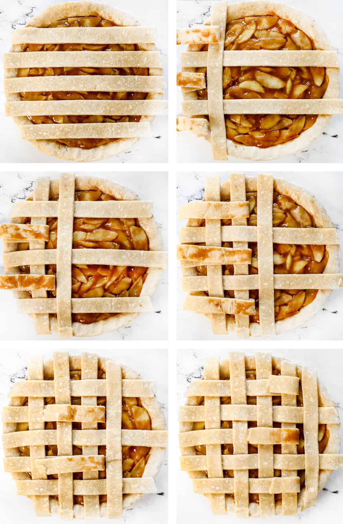 a collage showing how to make apple pie from scratch by weaving the lattice top