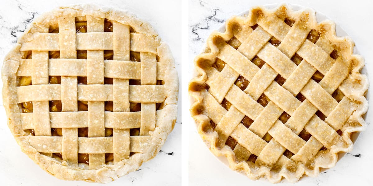 showing how to make apple pie recipe by fluting the edges and sprinkling with coarse sugar