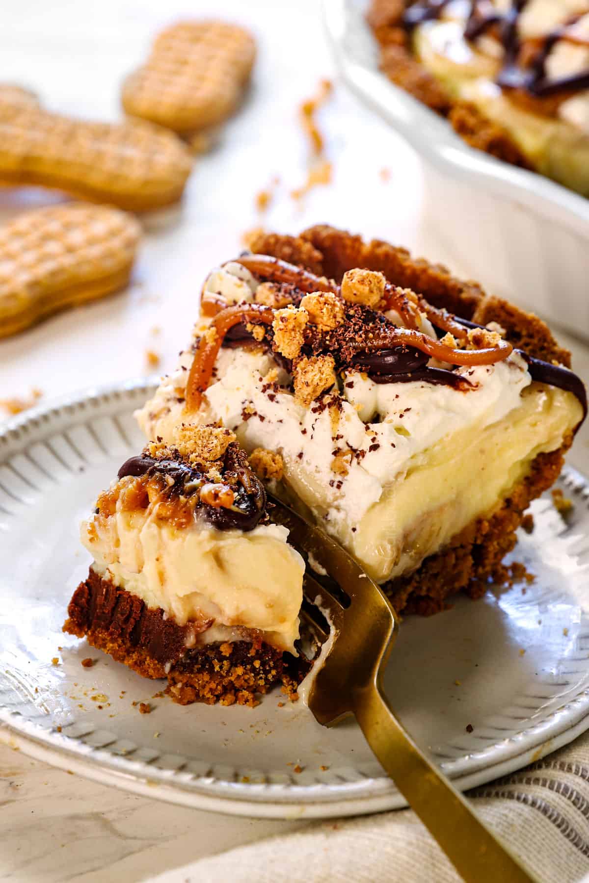 up close of taking a bite out of banana pie recipe showing how creamy it is