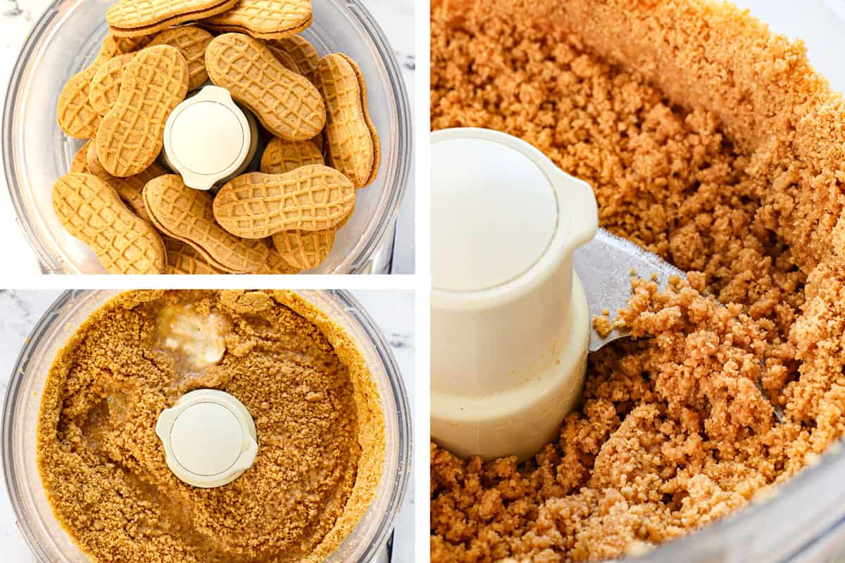 a collage showing how to make Banana Cream Pie by adding the cookies to a food processor, pulsing into crumbs, then adding the butter