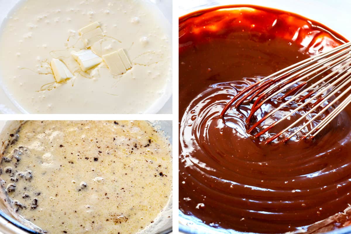 a collage showing how to make Banana Cream Pie by microwaving heavy cream, butter and corn syrup until simmering, then adding chopped chocolate, then whisking until the chocolate melts and a ganache forms