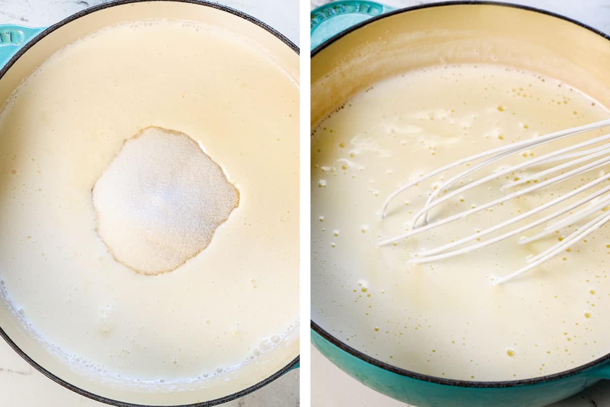 showing how to make Banana Cream Pie by simmering the milk, cream and sugar in a saucepan to make the custard