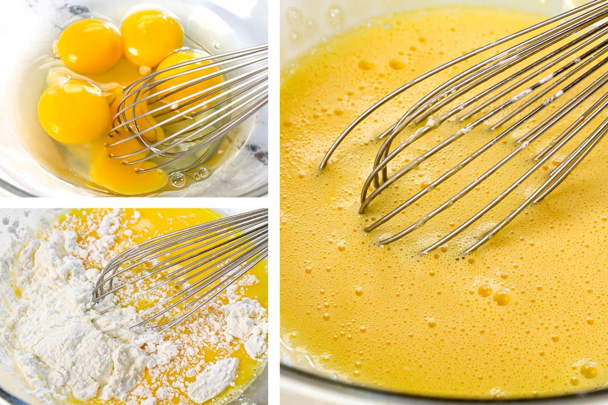 a collage showing how to make Banana Cream Pie by whisking the eggs, egg yolks and cornstarch together until the cornstarch is dissolved