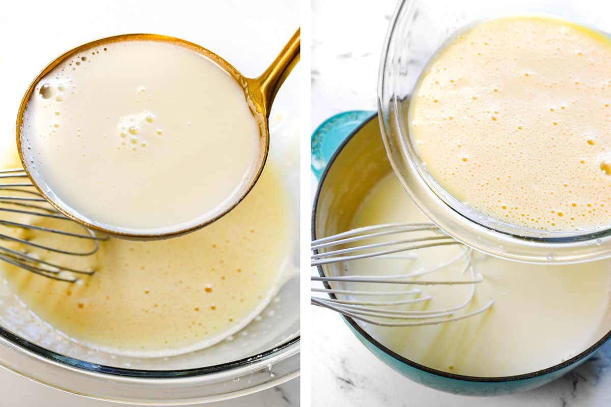 a collage showing how to make Banana Cream Pie by adding a ladle of hot cream/milk to the egg/cornstarch mixture