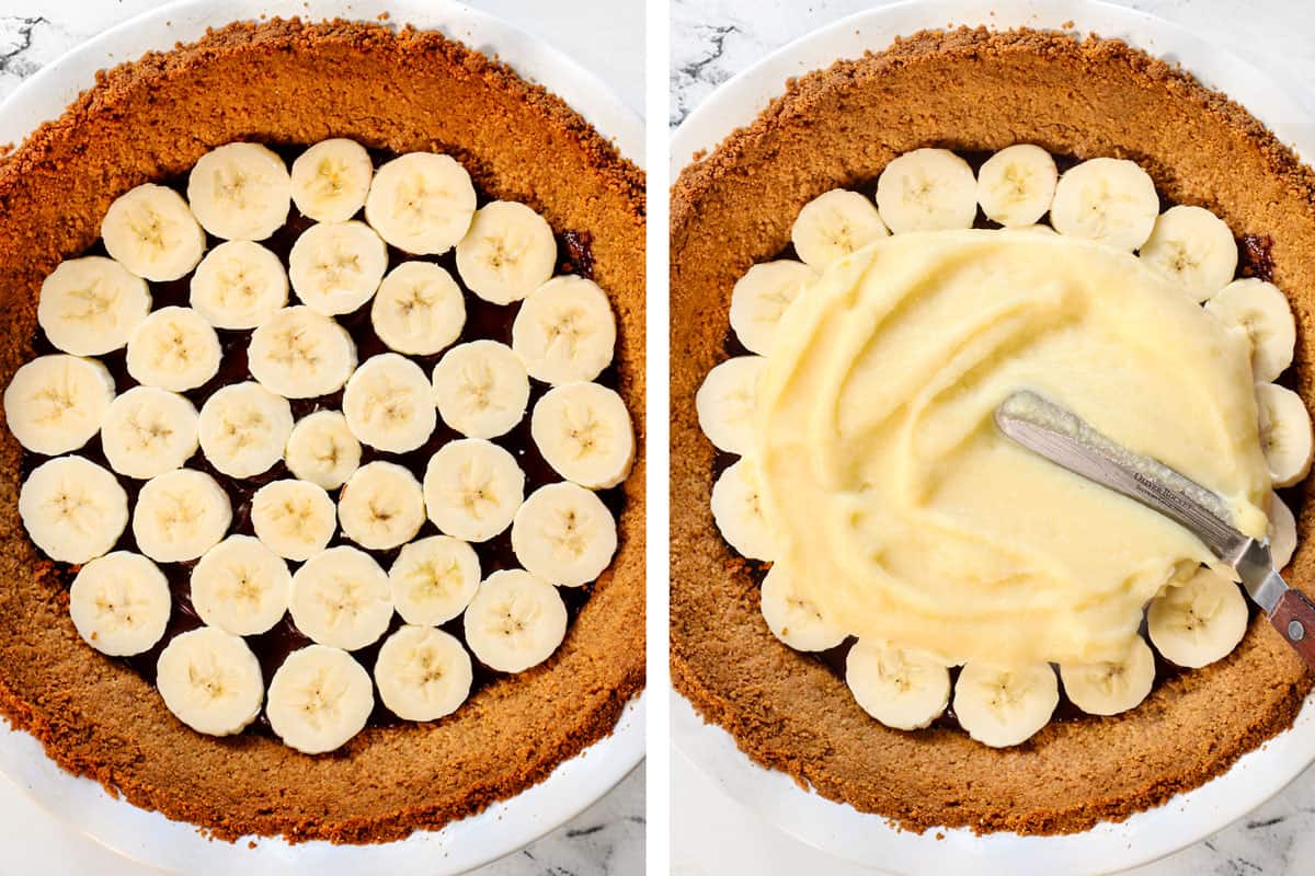 showing how to make Banana Cream Pie by layering the pie shell with ganache, then sliced bananas, then a layer of banana cream