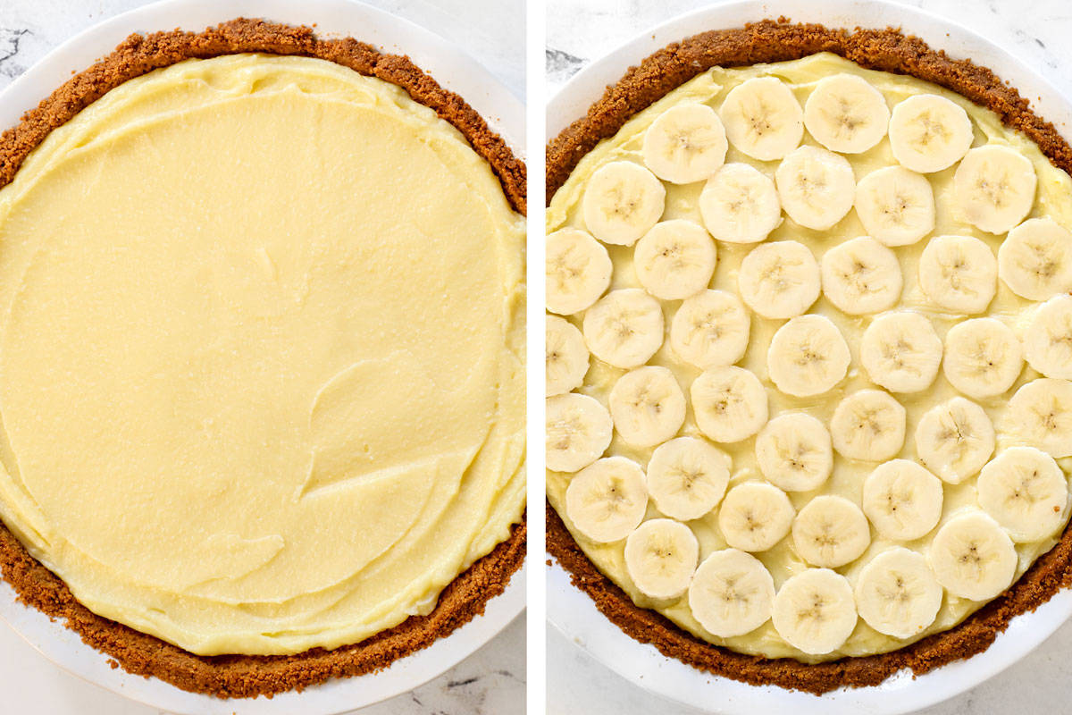 showing how to make Banana Cream Pie by layering the custard with a final top layer of sliced bananas