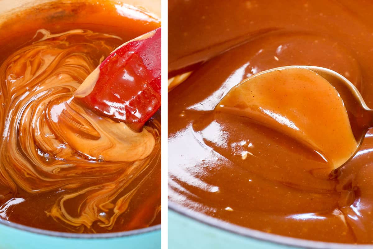 showing how to make Banana Cream Pie by whisking peanut butter into caramel sauce to make peanut butter caramel sauce for drizzling over the pie