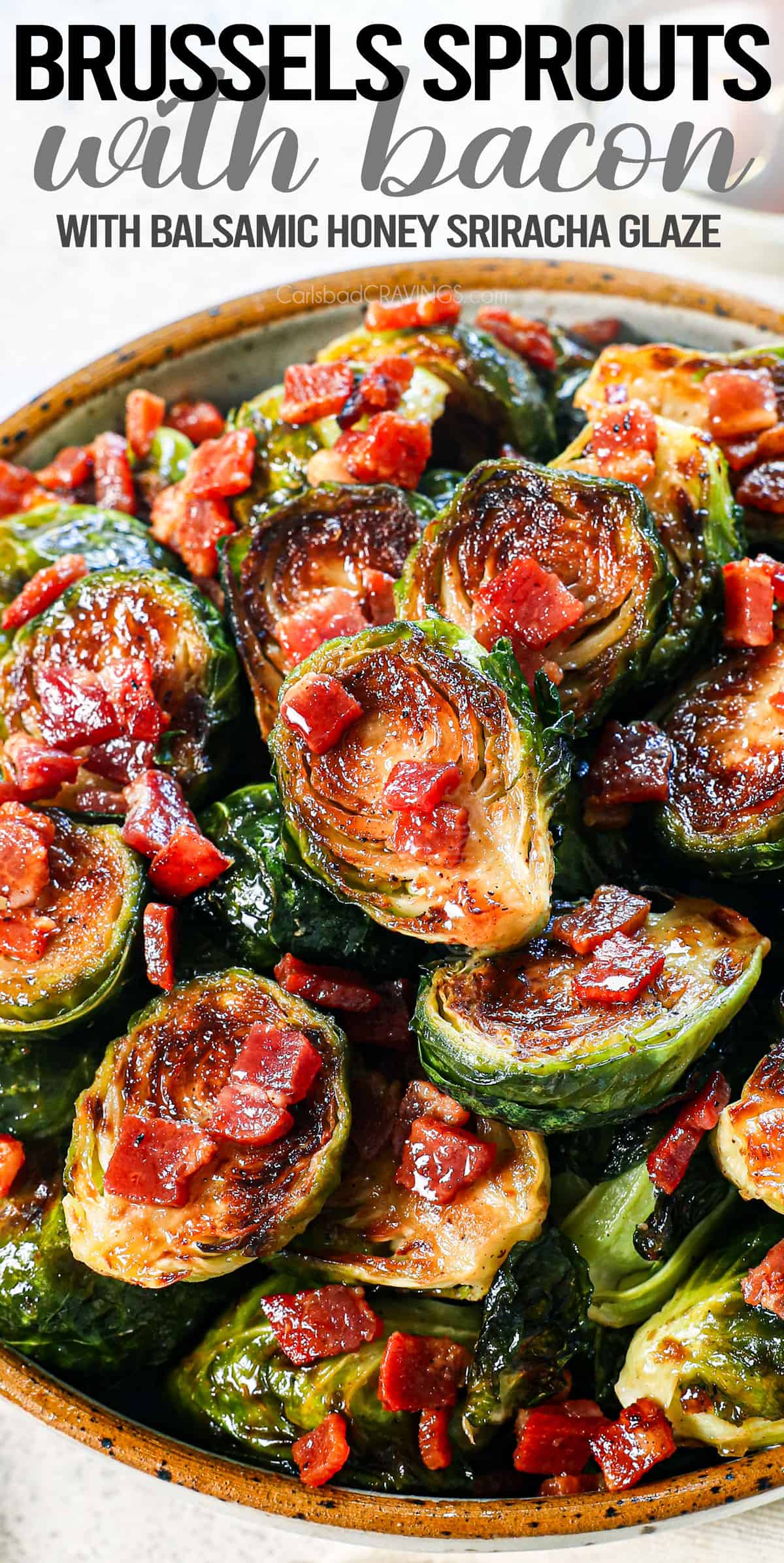 Brussel sprouts with bacon in a bowl showing how crispy they are