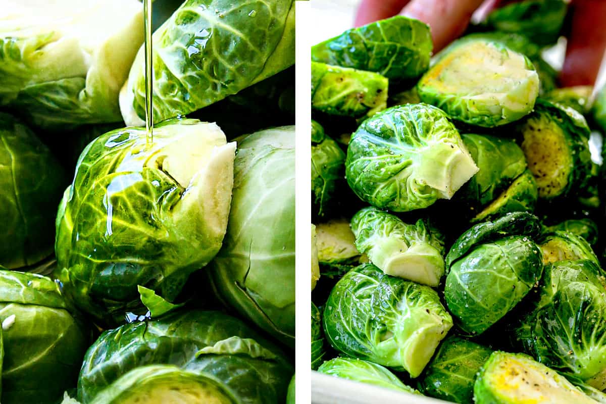 showing how to make Brussel sprouts with bacon by drizzling with olive oil and tossing with spices