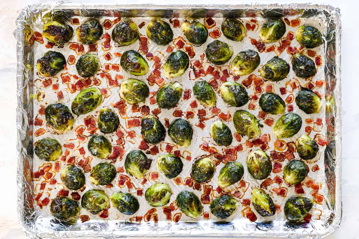 showing how to make Brussels sprouts with bacon by roasting until crispy