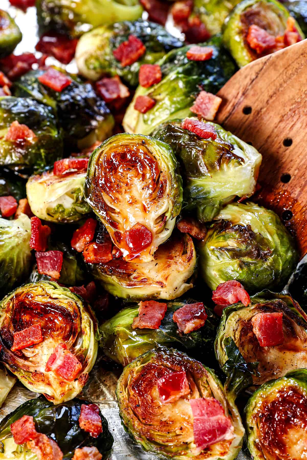 bacon Brussel sprouts on a baking sheet 