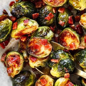 showing how to serve Brussel sprouts and bacon on a platter