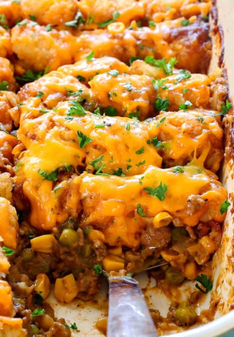 up close of cheesy tater tot casserole showing how cheesy it is