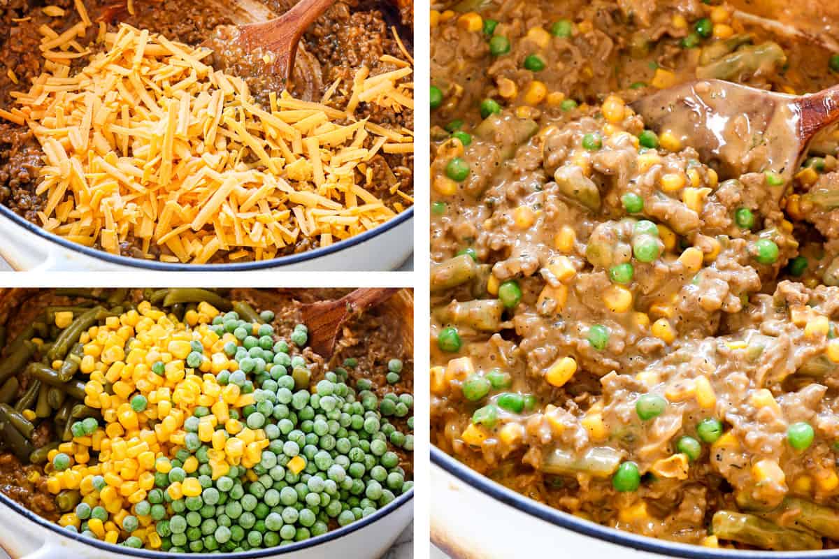 showing how to make tater tot casserole by adding the cheese, frozen peas, green beans, and corn to the ground beef