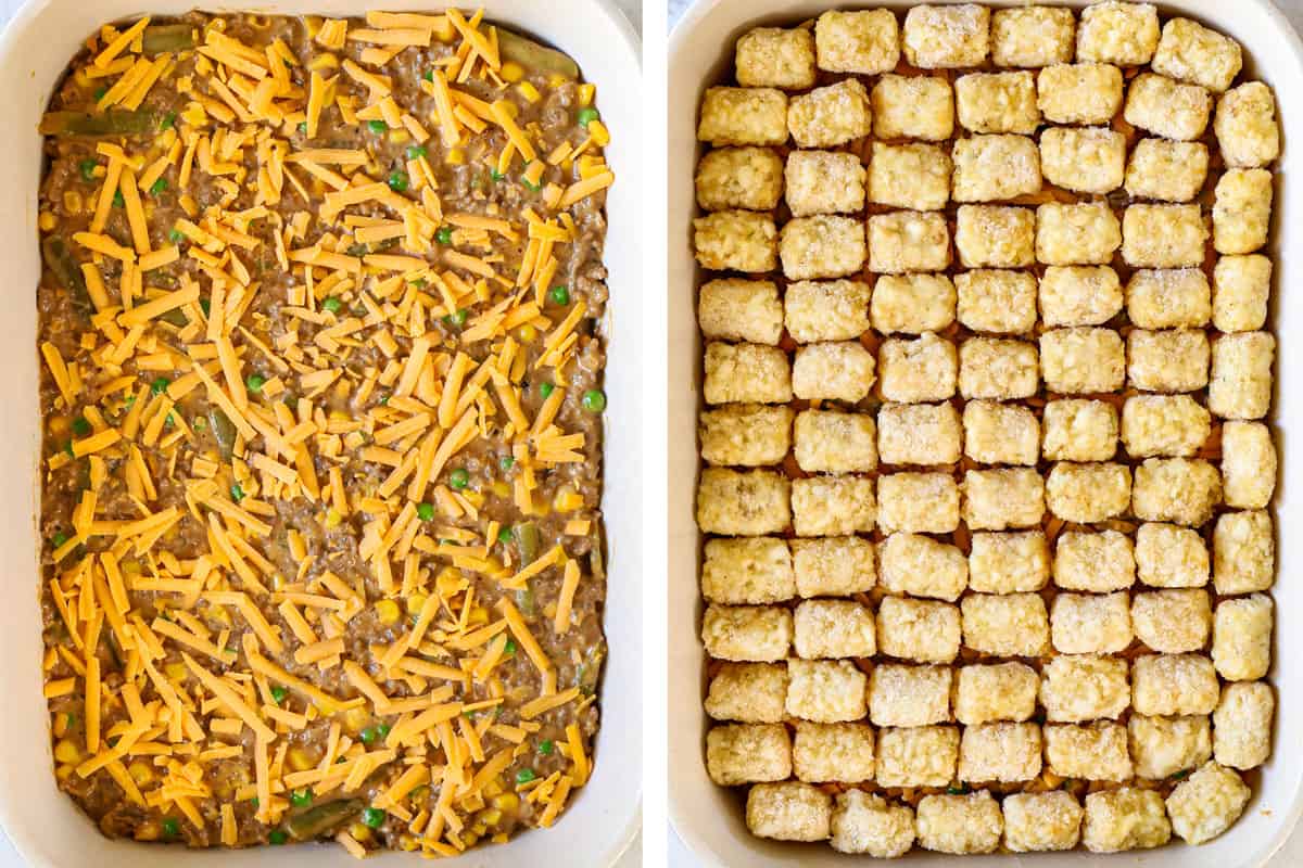 showing how to make tater tot casserole by adding the beef mixture to the 9x13 and lining the frozen tater tots on the top