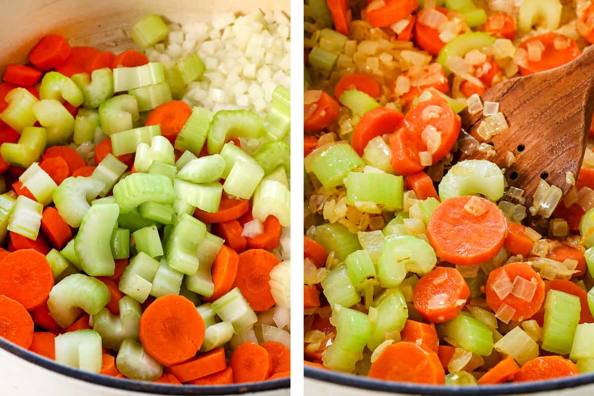 showing how to make turkey soup by sautéing the vegetables, onions and garlic