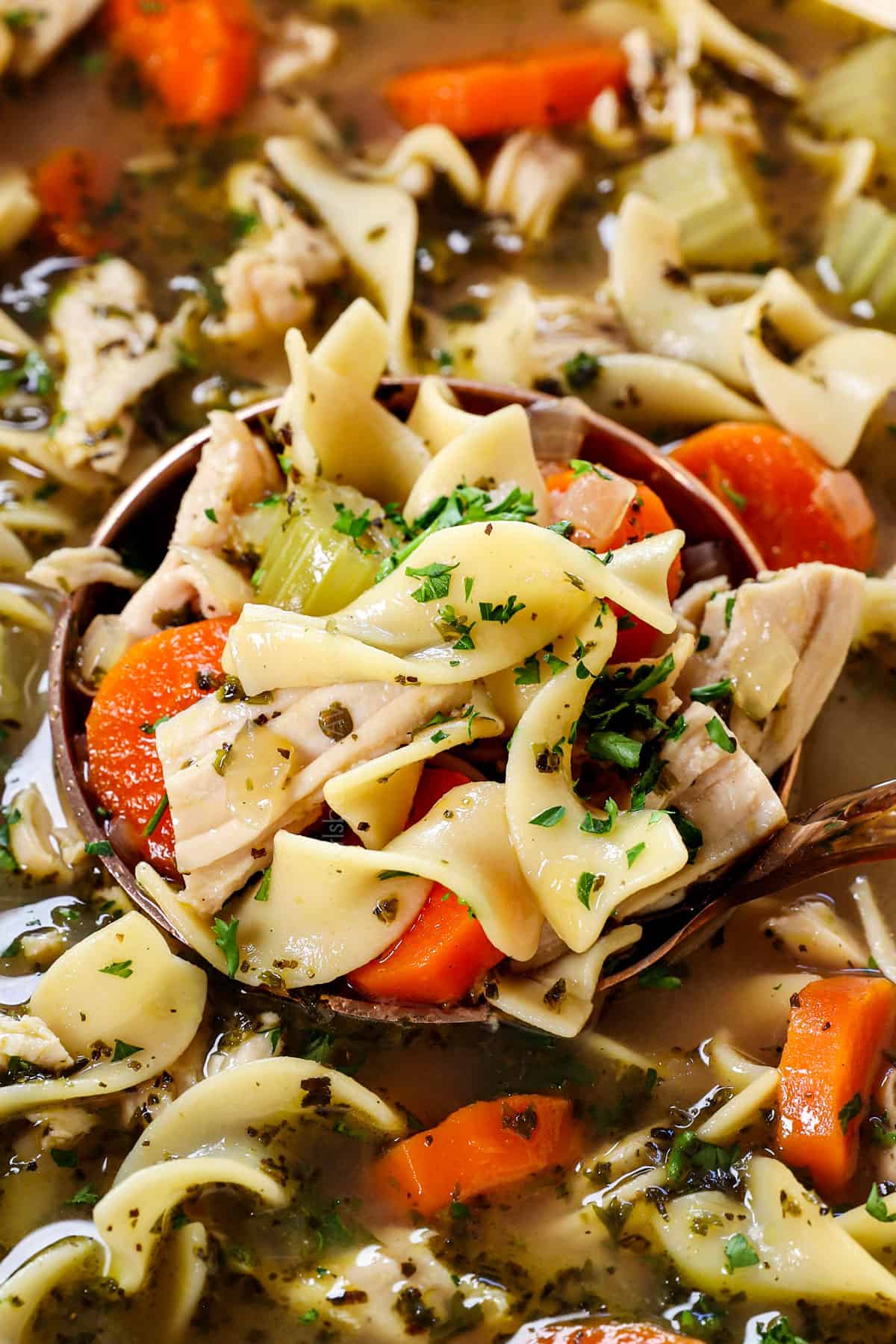 up close of a ladle of turkey noodle soup recipe garnished with parsley