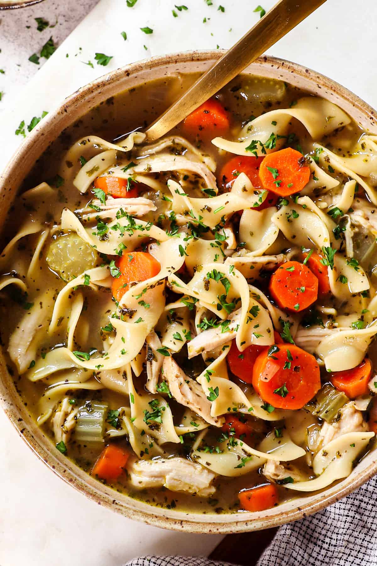 top view of best turkey soup recipe served in a bowl 