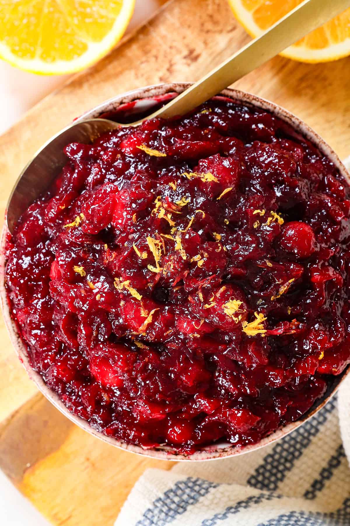 top view of homemade cranberry sauce garnished with orange zest