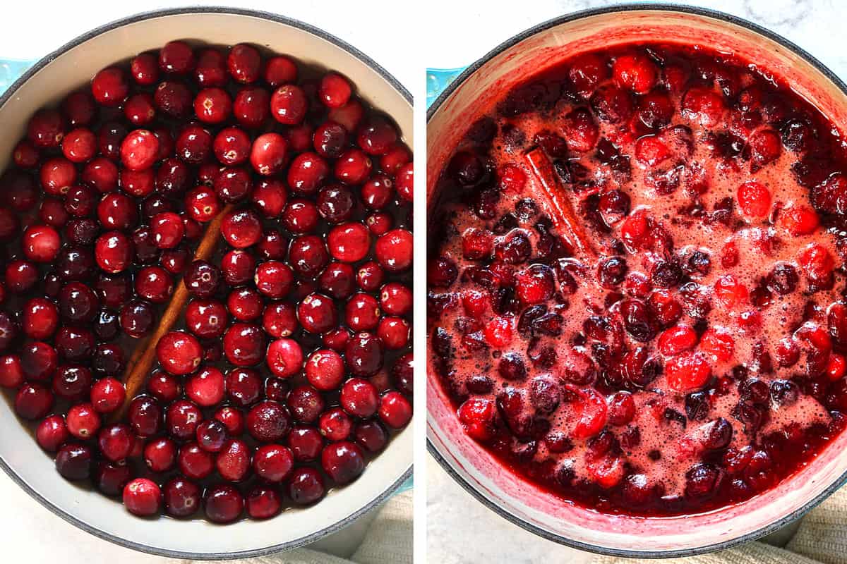 a collage showing how to make cranberry sauce by simmering the sauce until the cranberries burst and thicken