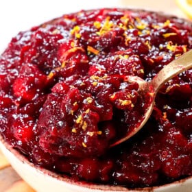 recipe for cranberry sauce being spooned showing the texture