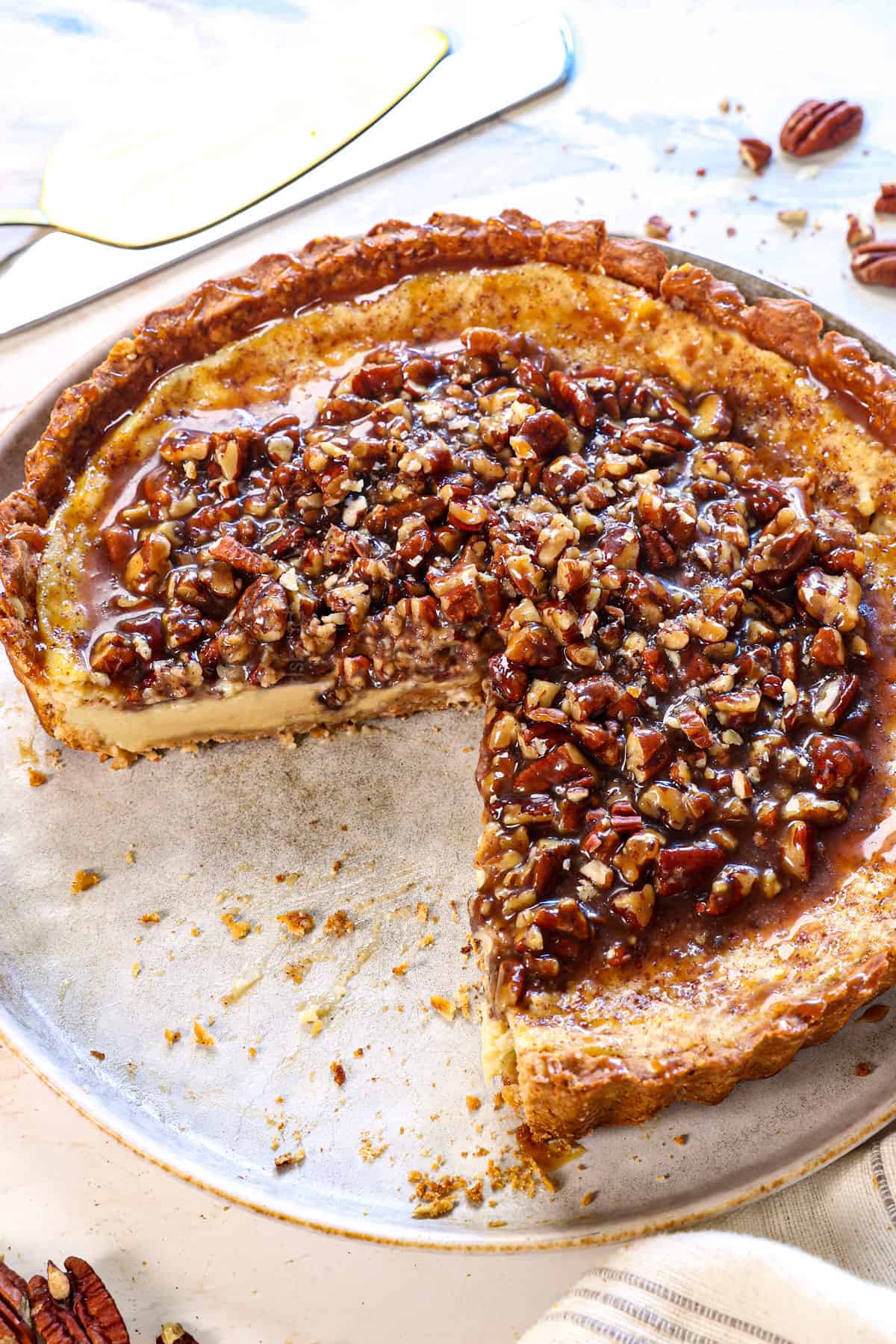 custard pie recipe drizzled with caramel sauce