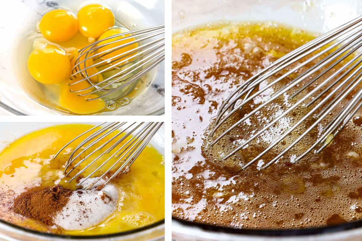 showing how to make custard by whisking the eggs and egg yolk in a medium bowl until combined, then whisk in the sugar, vanilla, and spices until evenly distributed.  