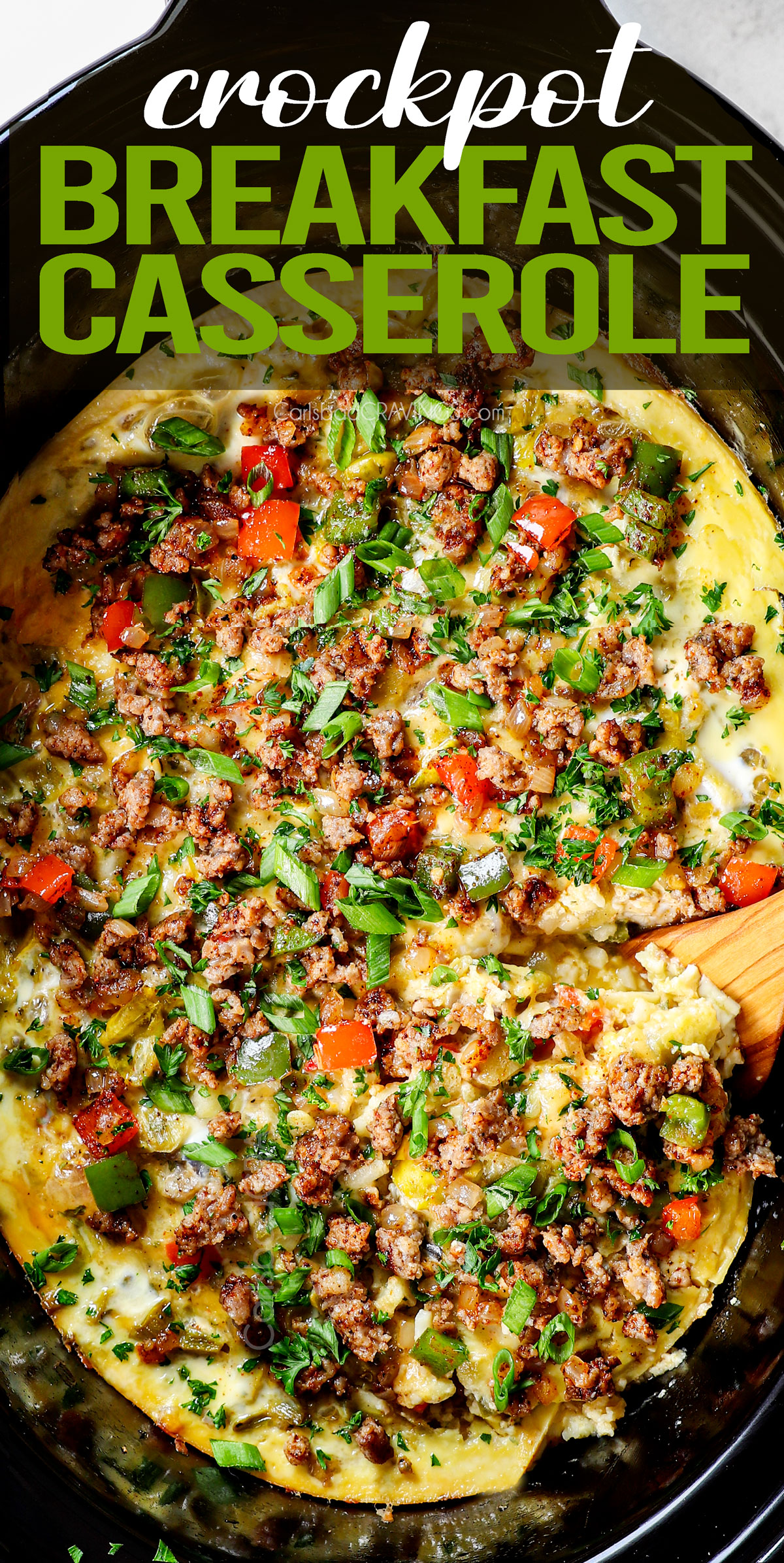 top view of crockpot breakfast casserole showing how cheesy it is