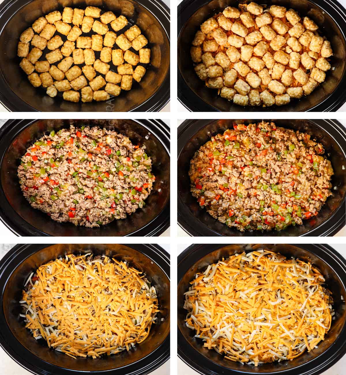 a collage showing how to make crockpot breakfast casserole by assembling: layer tater tots, top with meat mixture, top with cheese, repeat layers, then pour egg mixture over the top