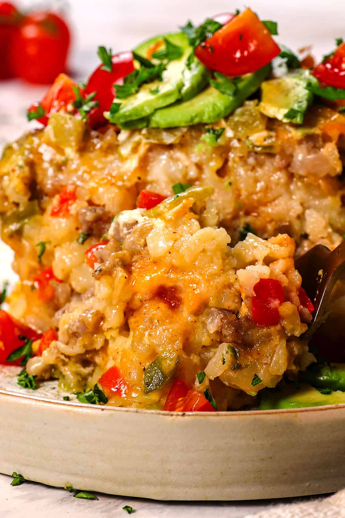 up close of a bite of breakfast casserole in crockpot showing the textures