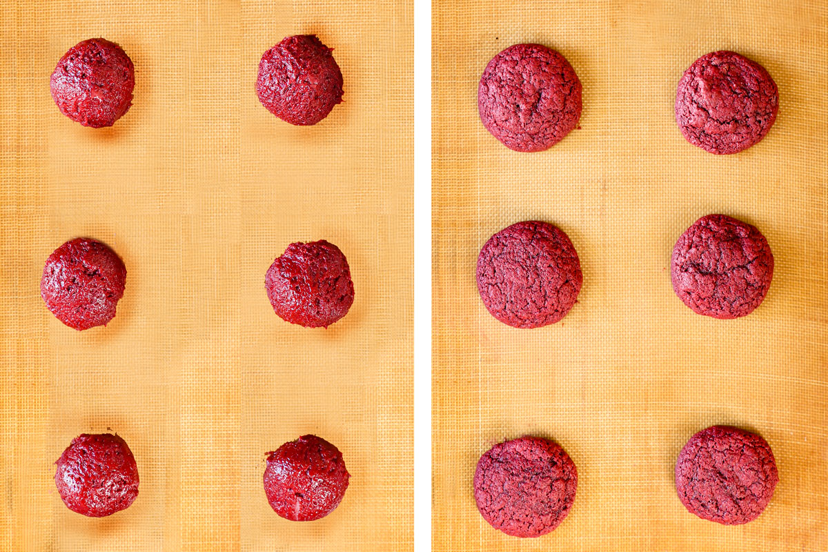 showing how to make red velvet cookie recipe by baking until the cookies are set