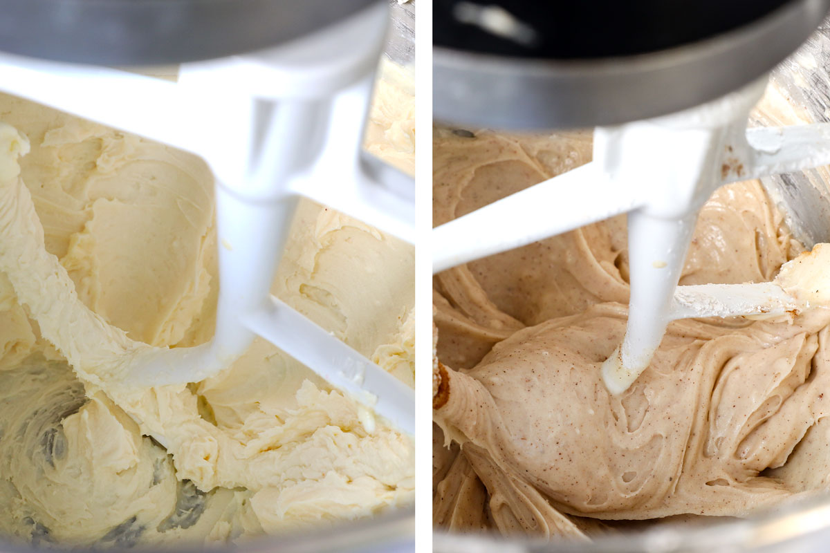 showing how to make red velvet cookie recipe by beating sugar and cream cheese together in a stand mixer