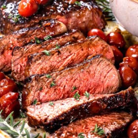 up close of sliced ribeye recipe showing the color of medium rare