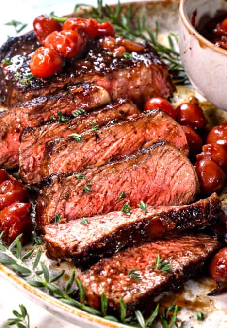 up close of sliced ribeye recipe showing the color of medium rare