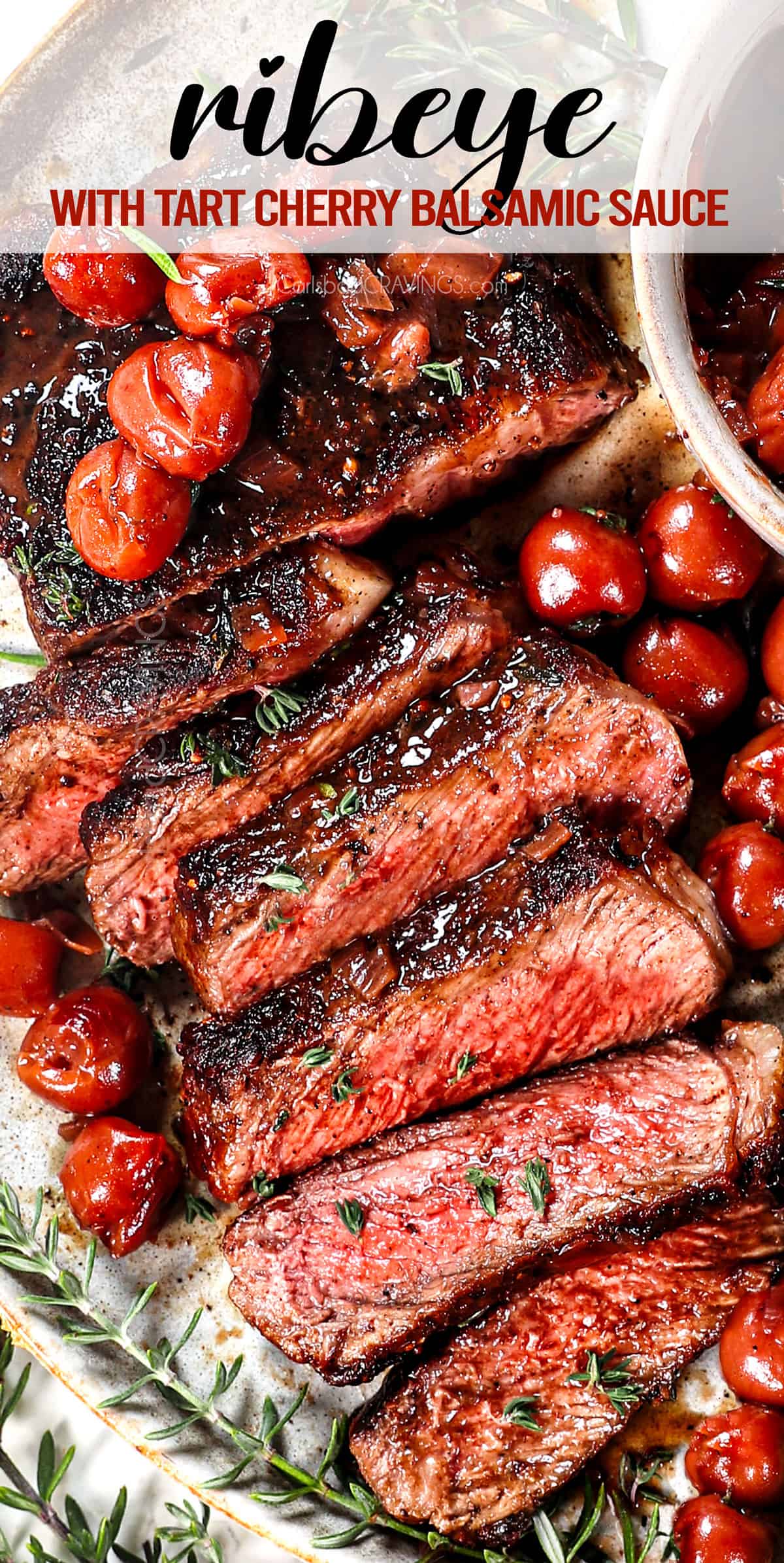 showing how to serve ribeye steak with cherry balsamic sauce on a plate garnished with herbs