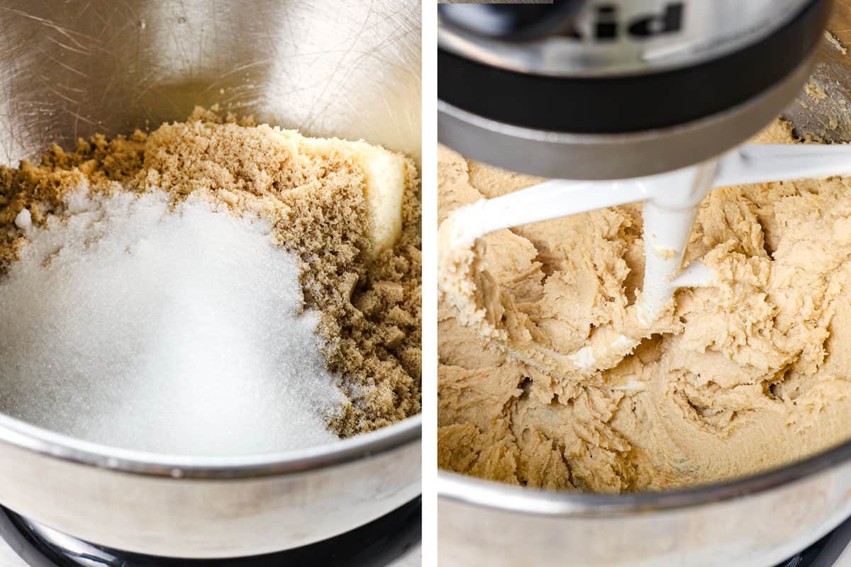 a collage showing how to make cherry blossom cookie by creaming the butter, brown sugar and granulated sugar