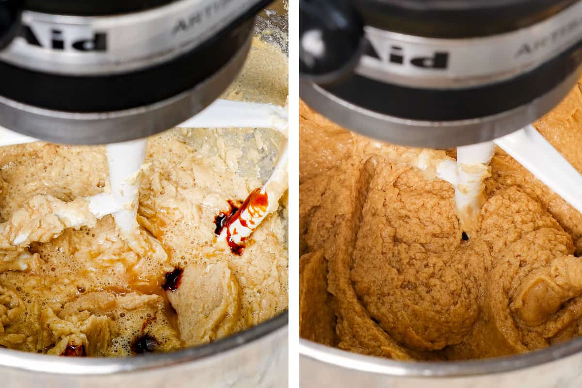 a collage showing how to make cherry blossom cookies by beating in the vanilla and molasses