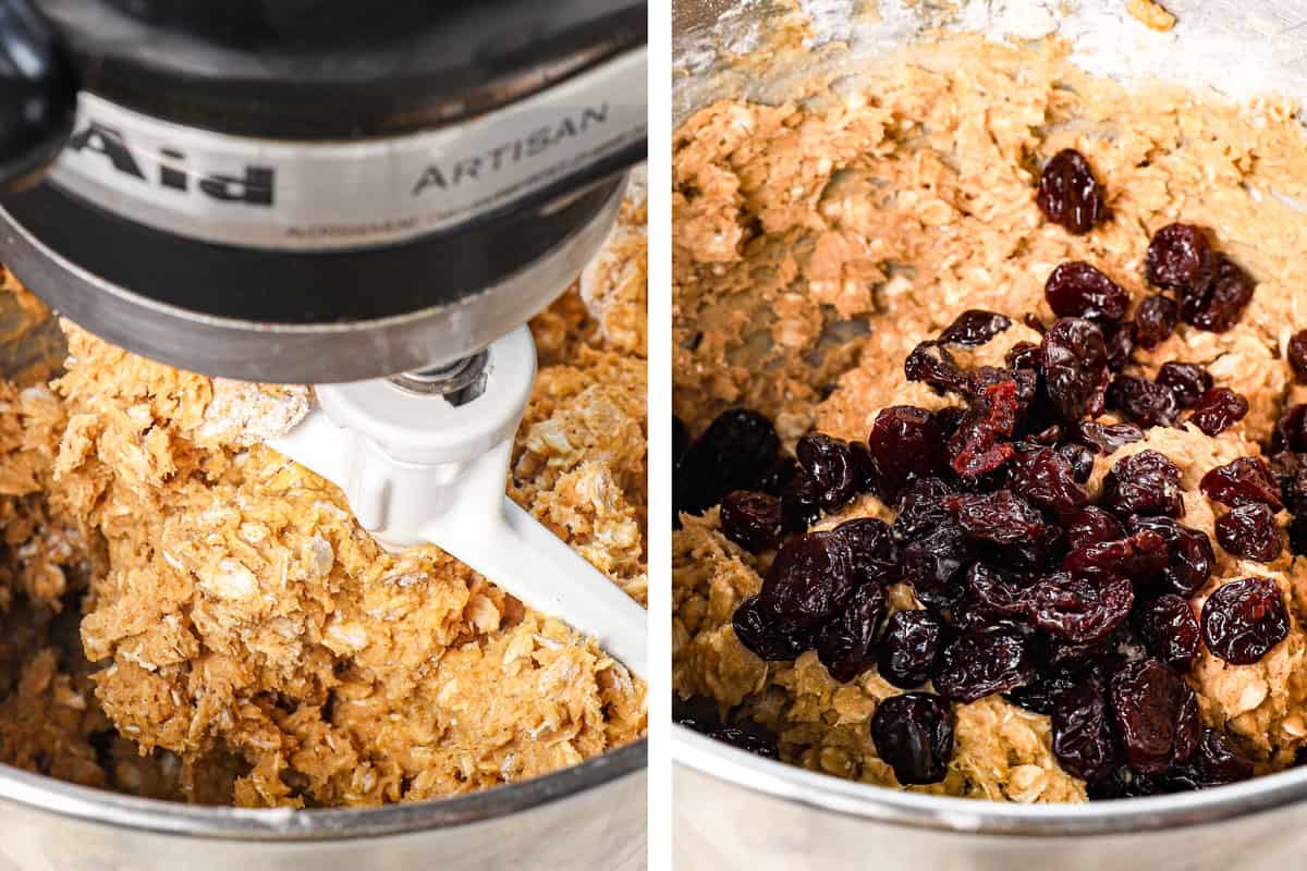 a collage showing how to make cherry blossom cookie by beating the dry ingredients into the wet ingredients, then adding the dried cherries