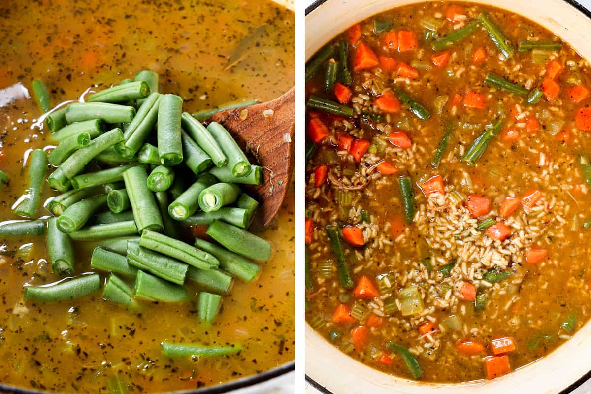 showing how to make chicken and rice soup adding the green beans to the soup