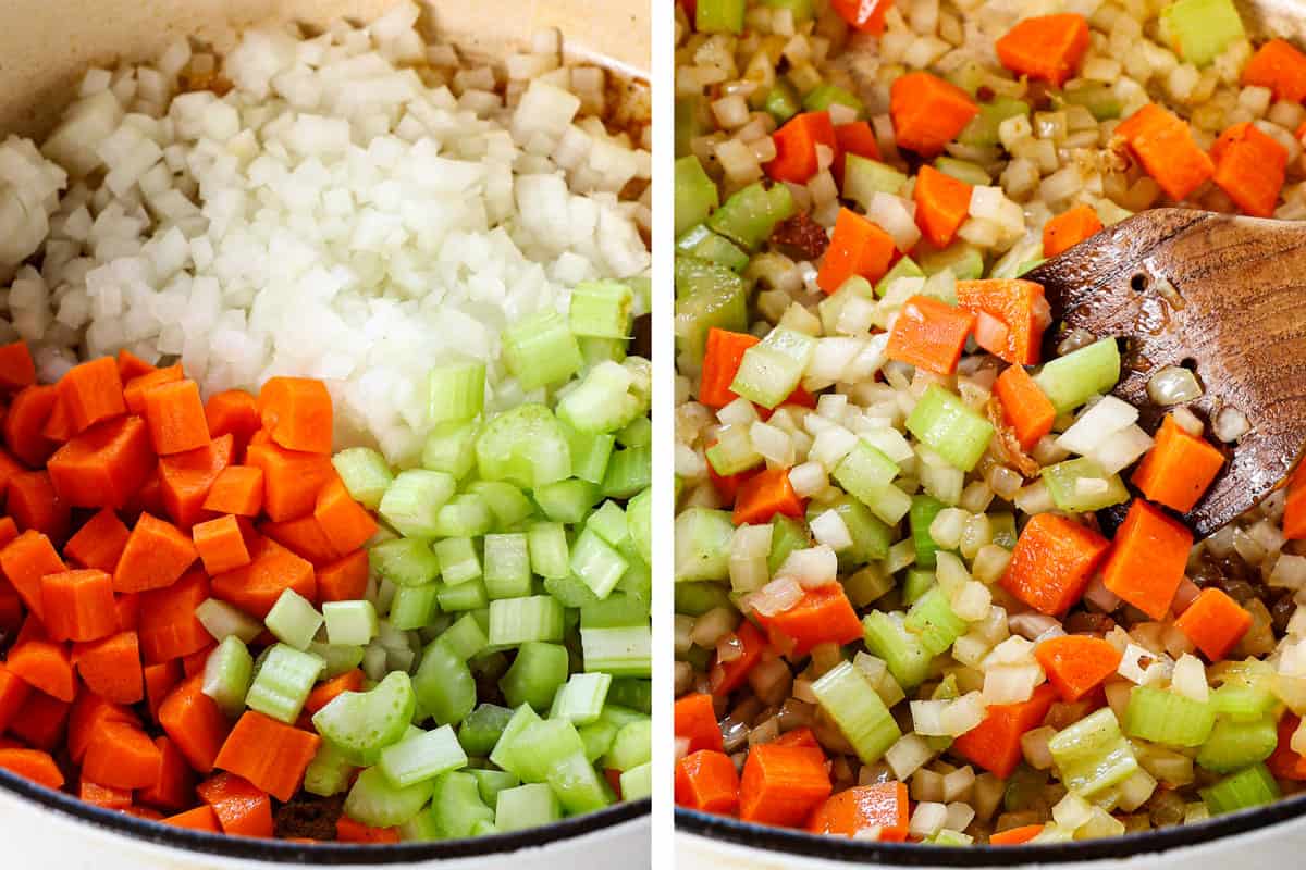 showing how to make chicken and rice soup by sautéing onions, garlic, celery and onions in a pot