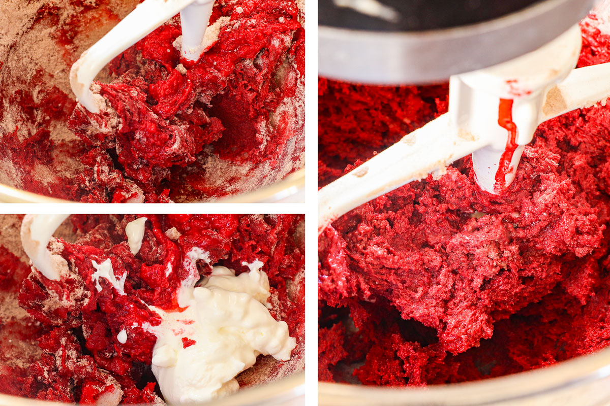 showing how to make red velvet cookies by adding the dry ingredients to the wet ingredients