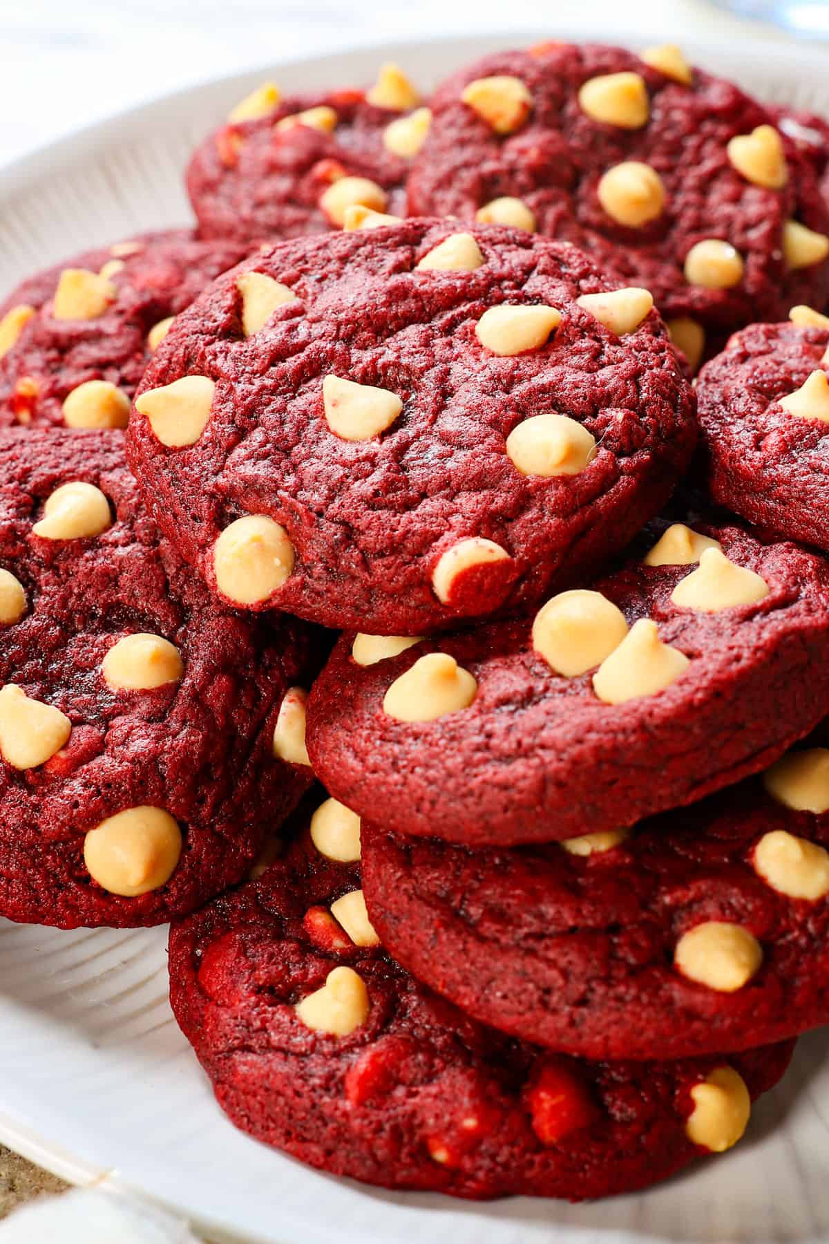 showing red velvet cookie variation with white chocolate chips