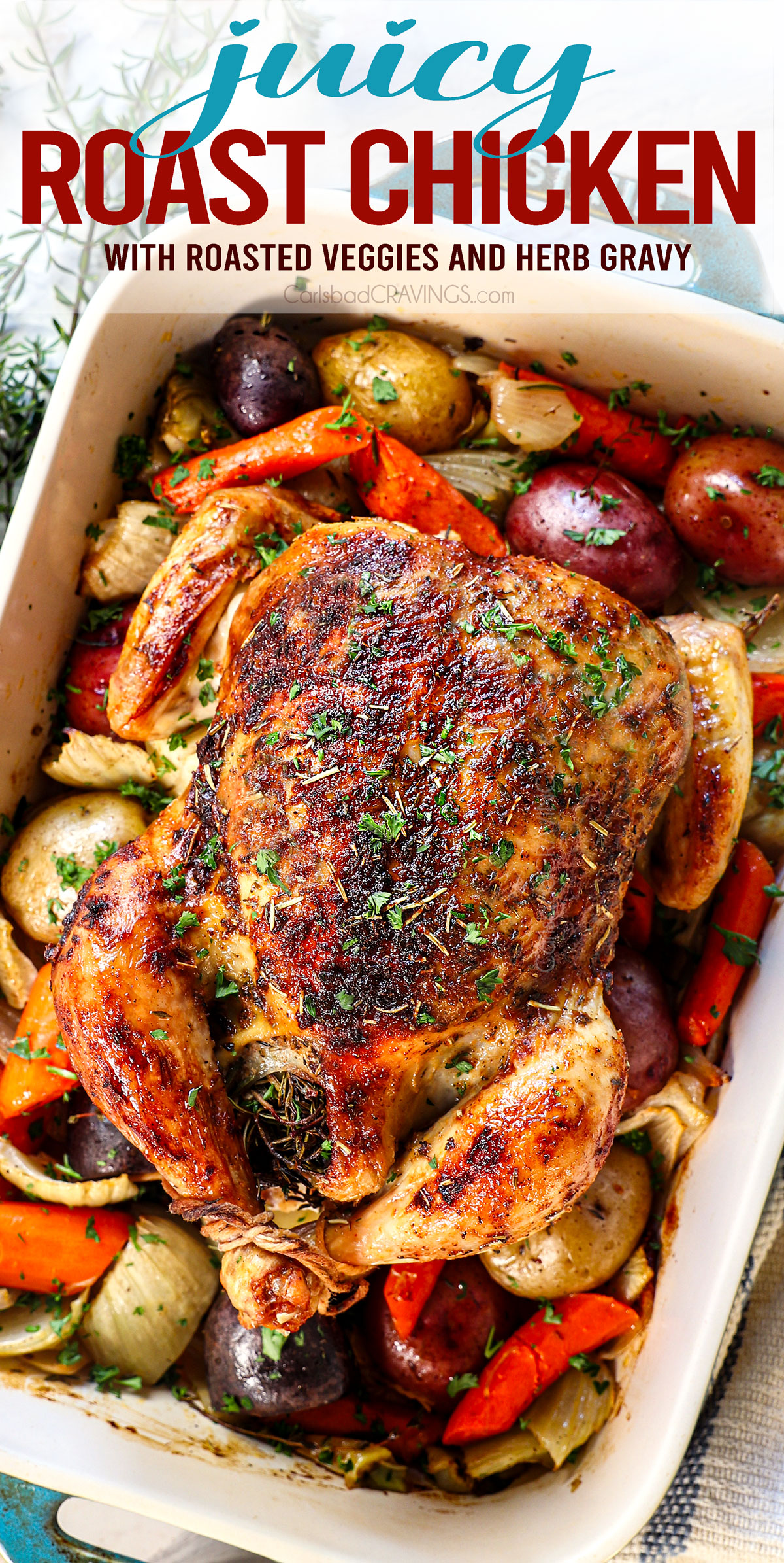 top view of roast chicken in a baking pan with vegetables