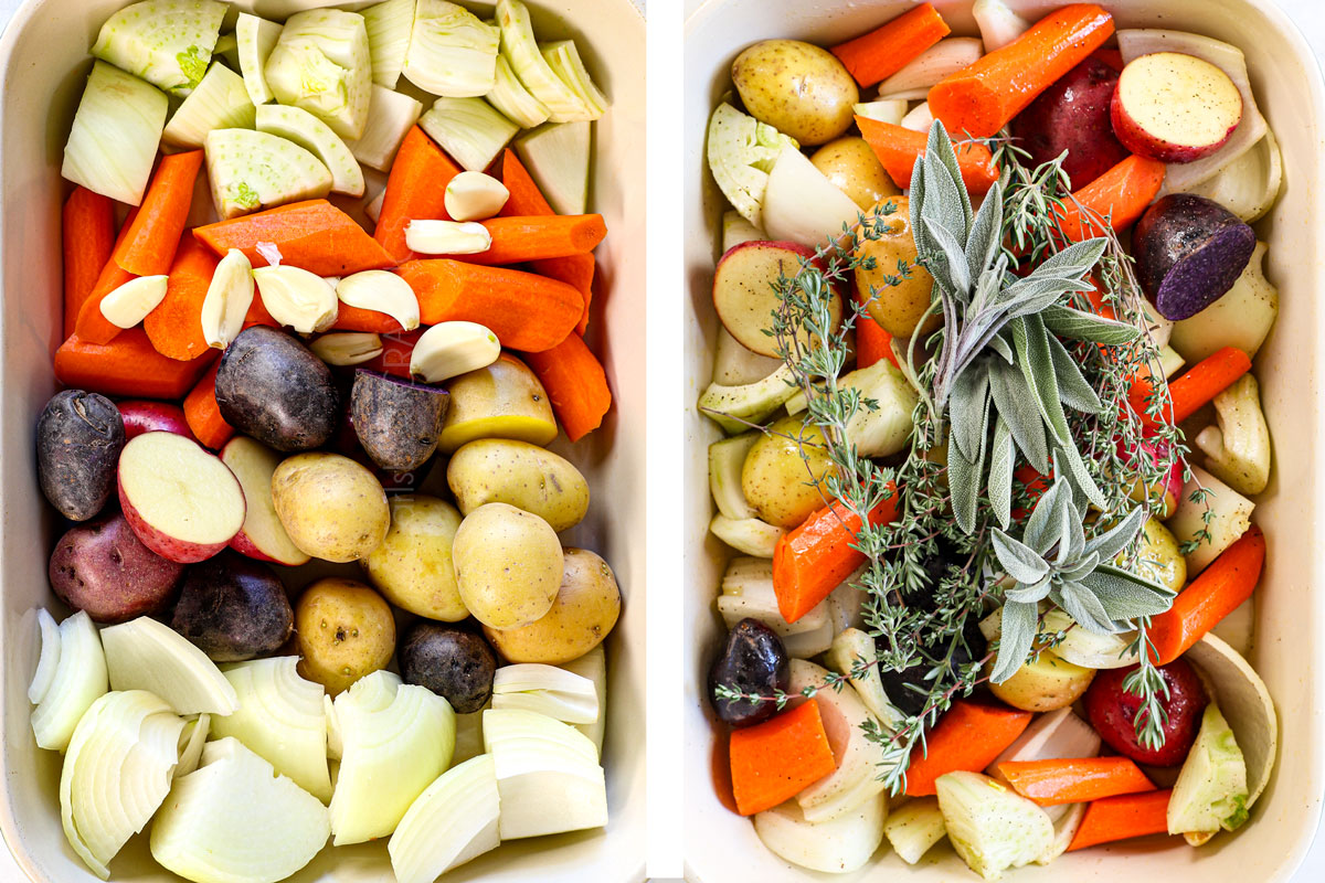 showing how to roast a whole chicken by adding potatoes, carrots, garlic, onion, and fennel to a roasting pan and tossing with olive oil, then adding rosemary, sage, and thyme on top